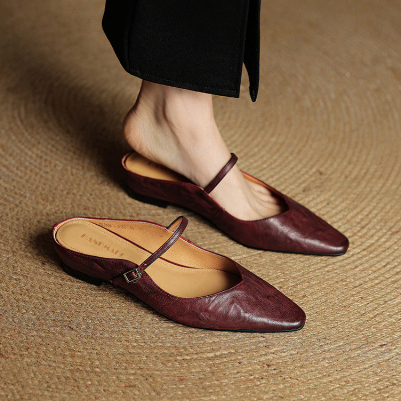 Leather Pointed Toe Mary Jane Mules