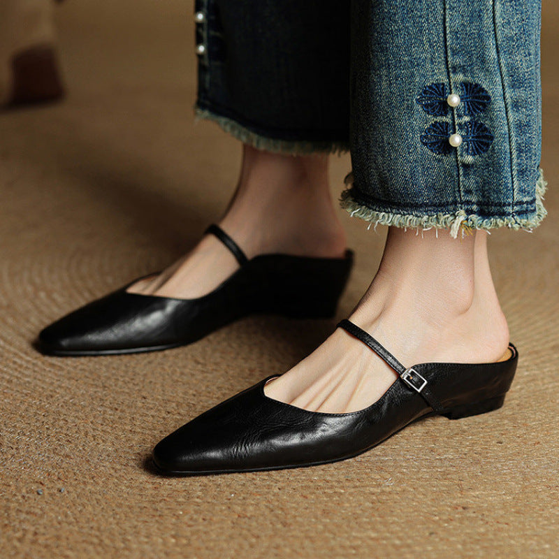 Leather Pointed Toe Mary Jane Mules