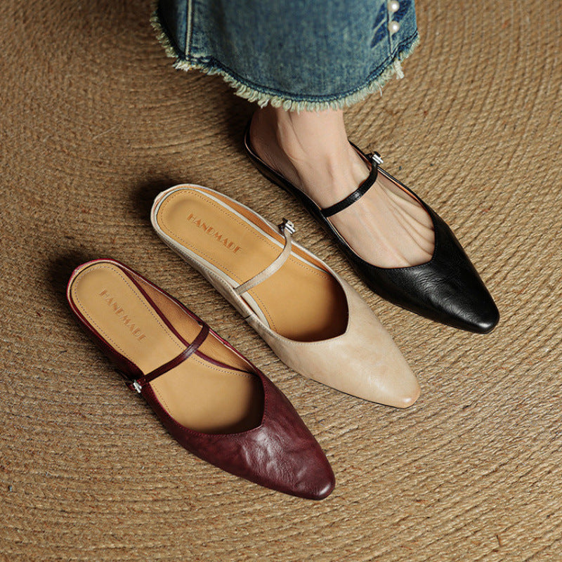 Leather Pointed Toe Mary Jane Mules